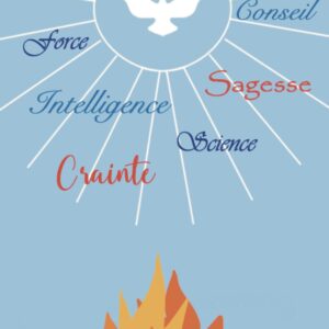 Carte de confirmation, format A7, avec les dons du saint Esprit et le feu.