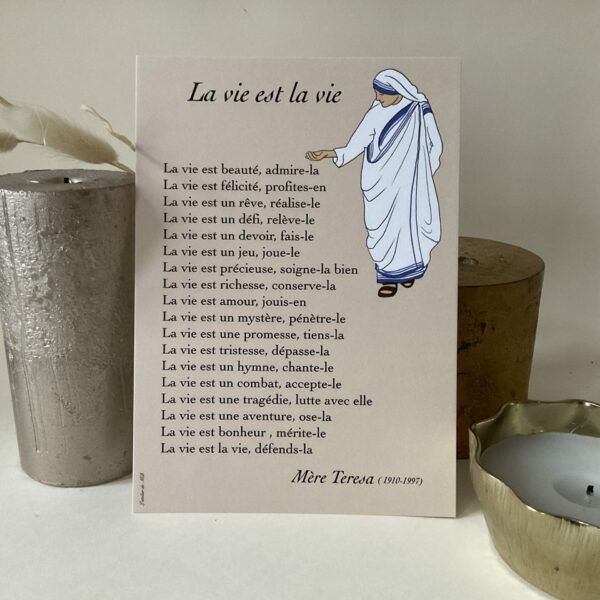Prière de mère Teresa, la vie est la vie, imprimée avec une illustration de la sainte, au format A5