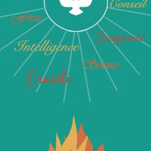 Carte de confirmation, format A7, avec les dons du saint Esprit et le feu.