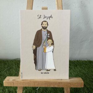 Image de Saint Joseph, représenté avec l’enfant Jésus. Imprimée au format A6 sur papier. 300g.