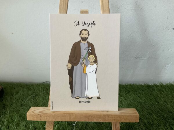 Image de Saint Joseph, représenté avec l’enfant Jésus. Imprimée au format A6 sur papier. 300g.