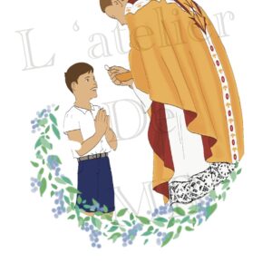 Carte de communion. Un prêtre donne la communion à un garçon brun. Fleurs bleus. « Souvenir de ma 1ere communion » format A7, papier 300g