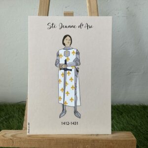 Image de sainte Jeanne dArc, représentée avec son armure. Imprimée au format A6 sur du papier. 300g.