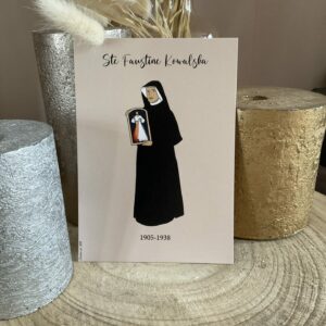 Image de Sainte Faustine représentée en religieuse tenant le portrait de Jesus miséricordieux. Imprimée au format A6