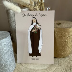 Image de Ste Thérèse de Lisieux, représentée en religieuse avec La Croix et un bouquet de roses.