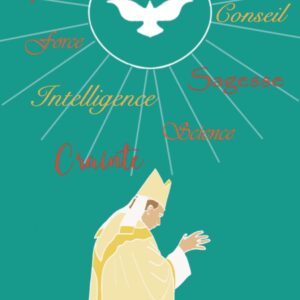 Carte de confirmation avec un évêque imposant les mains et les dons du saint esprit.