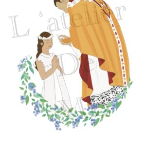 Carte de 1ere communion fille brune. Format A7, papier. 300g. « Souvenir de ma 1ere communion. »