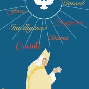 Carte de confirmation avec un évêque imposant les mains et les dons du saint esprit.