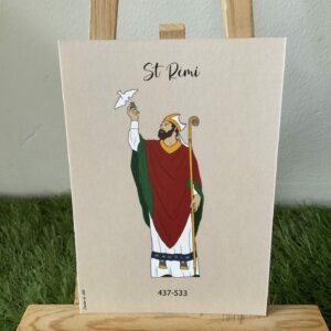 Carte de Saint Rémi représenté en évêque tenant l’ampoule comme donnée par le Saint-Esprit, imprimée au format A6 sur du papier 300g.