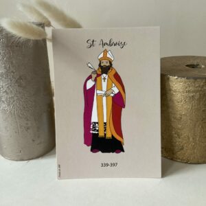 Carte de saint Ambroise représenté avec ses attributs d’évêque. Imprimée au format A6 sur du papier 300g.