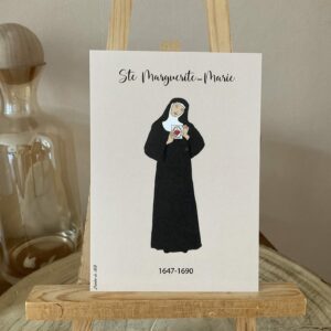 Carte de sainte Marguerite- Marie, visitandine à Paray le Monial. Représentée avec le sacré cœur. Format A6