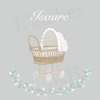 Faire part naissance carré, berceau, fond gris et fleurs.