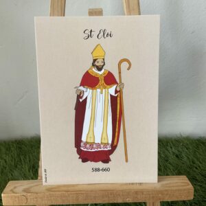 Carte de saint Eloi, représenté avec ses attributs d évêque, imprimée au format A6 sur du papier. 300 g.
