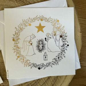 Carte de Noël dorée, crèche